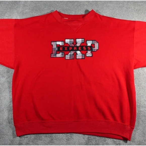 Express Other - Express Sweatshirt EXP Plaid Patch Logo Pullover Red XL Taiwan R.O.C.